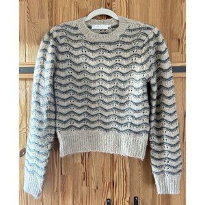 Cozy striped pointelle knit sweater with puff sleeves